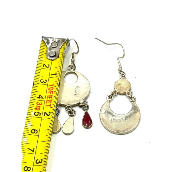Vintage Alpaca Mexico Mismatched Dangles Hook Earrings Red Stone and Shell Inlay - Picture 7 of 7
